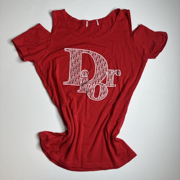 Red Cutout Shoulder Graphic Tee Y2K Streetwear Logo Print Top XS S READ FLAWS - Picture 3 of 12